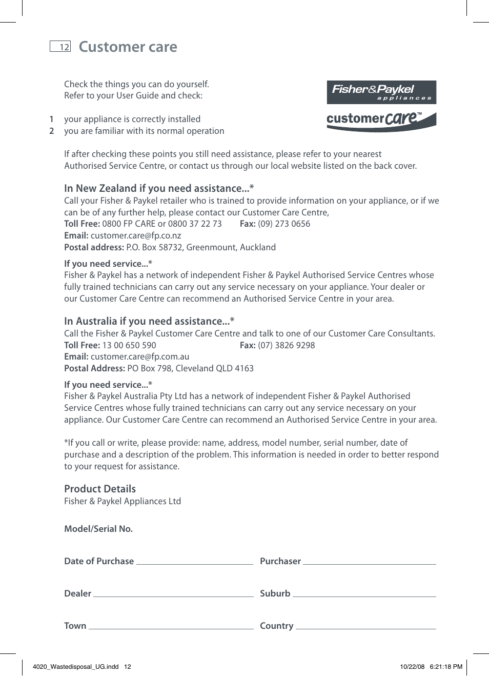Customer care | Fisher & Paykel GD75IA1 User Manual | Page 14 / 16