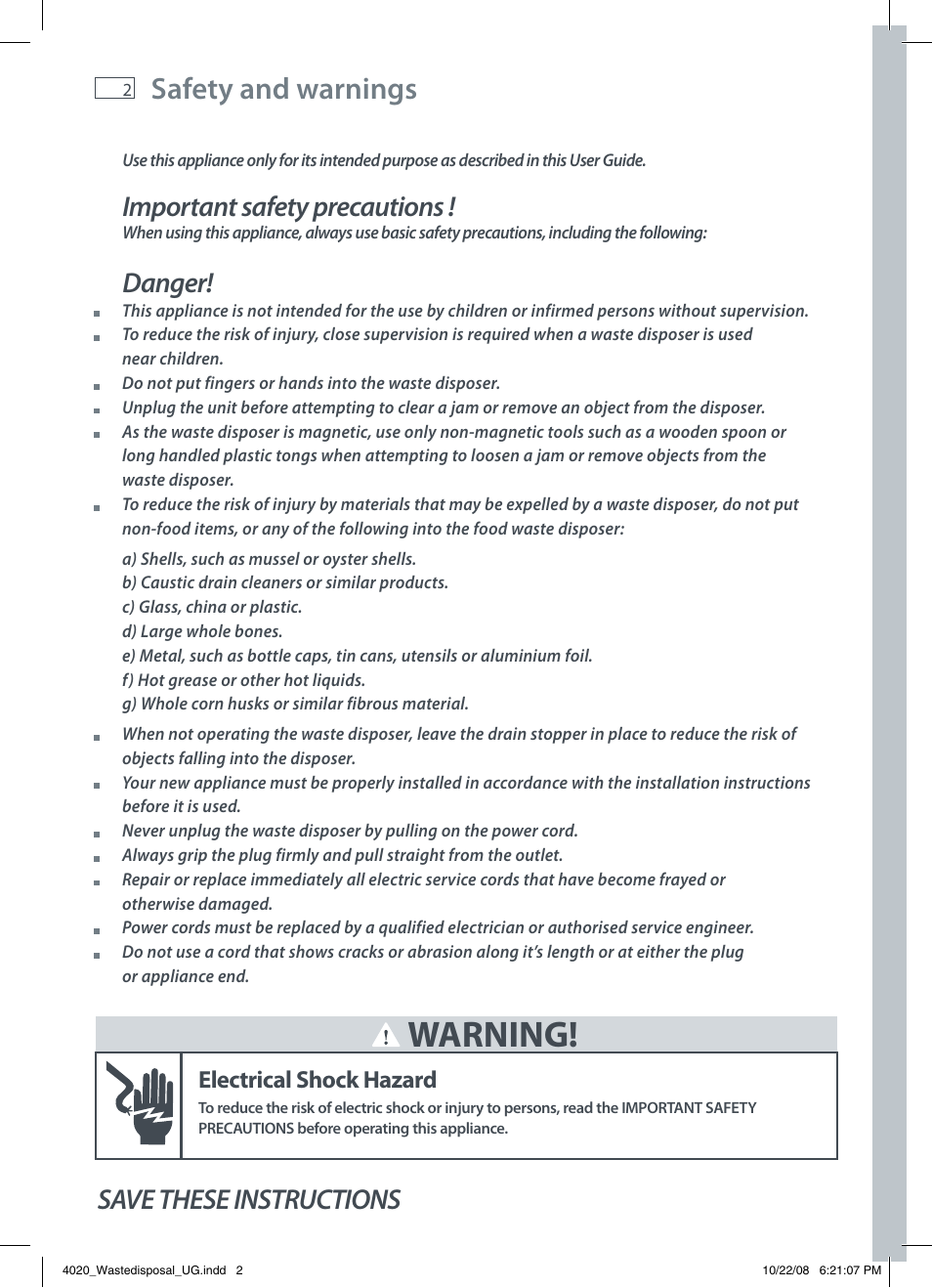 Warning, Safety and warnings, Important safety precautions | Danger, Save these instructions, Electrical shock hazard | Fisher & Paykel GD75IA1 User Manual | Page 4 / 16