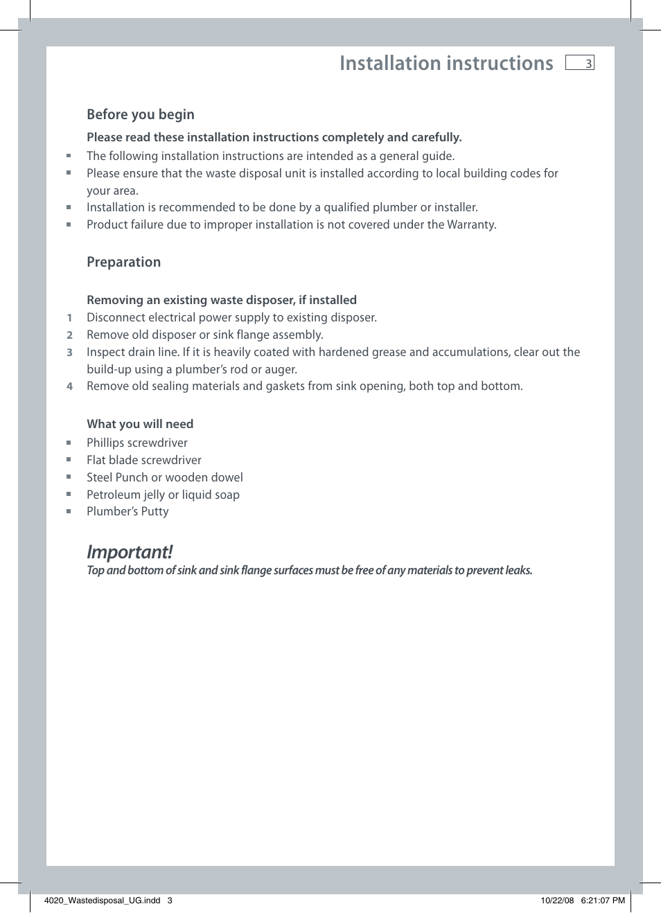 Installation instructions, Important | Fisher & Paykel GD75IA1 User Manual | Page 5 / 16