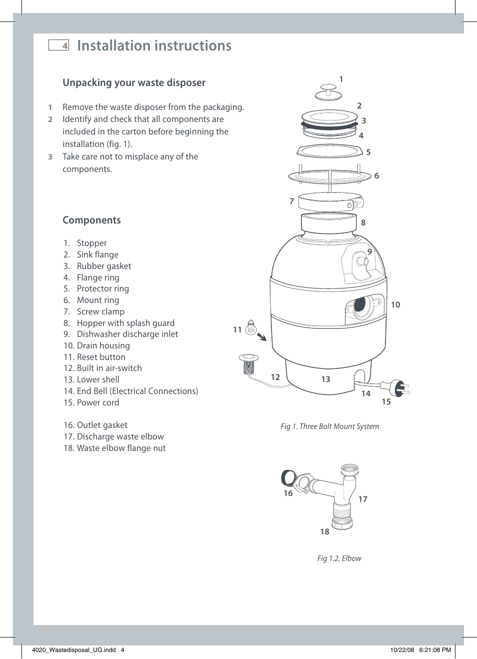Installation instructions, Unpacking your waste disposer, Components | Fisher & Paykel GD75IA1 User Manual | Page 6 / 16