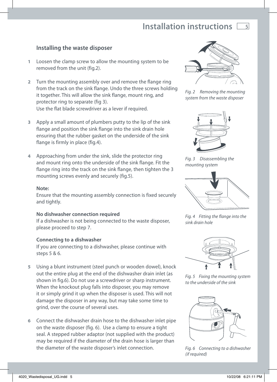 Installation instructions, Installing the waste disposer | Fisher & Paykel GD75IA1 User Manual | Page 7 / 16