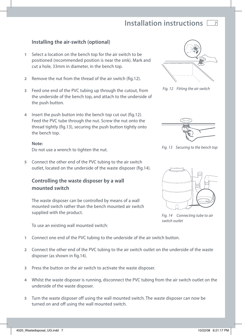 Installation instructions, Installing the air-switch (optional) | Fisher & Paykel GD75IA1 User Manual | Page 9 / 16