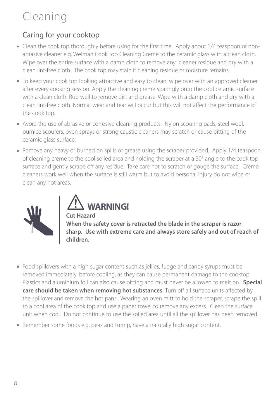 Cleaning, Warning, Caring for your cooktop | Fisher & Paykel CE901 User Manual | Page 10 / 48