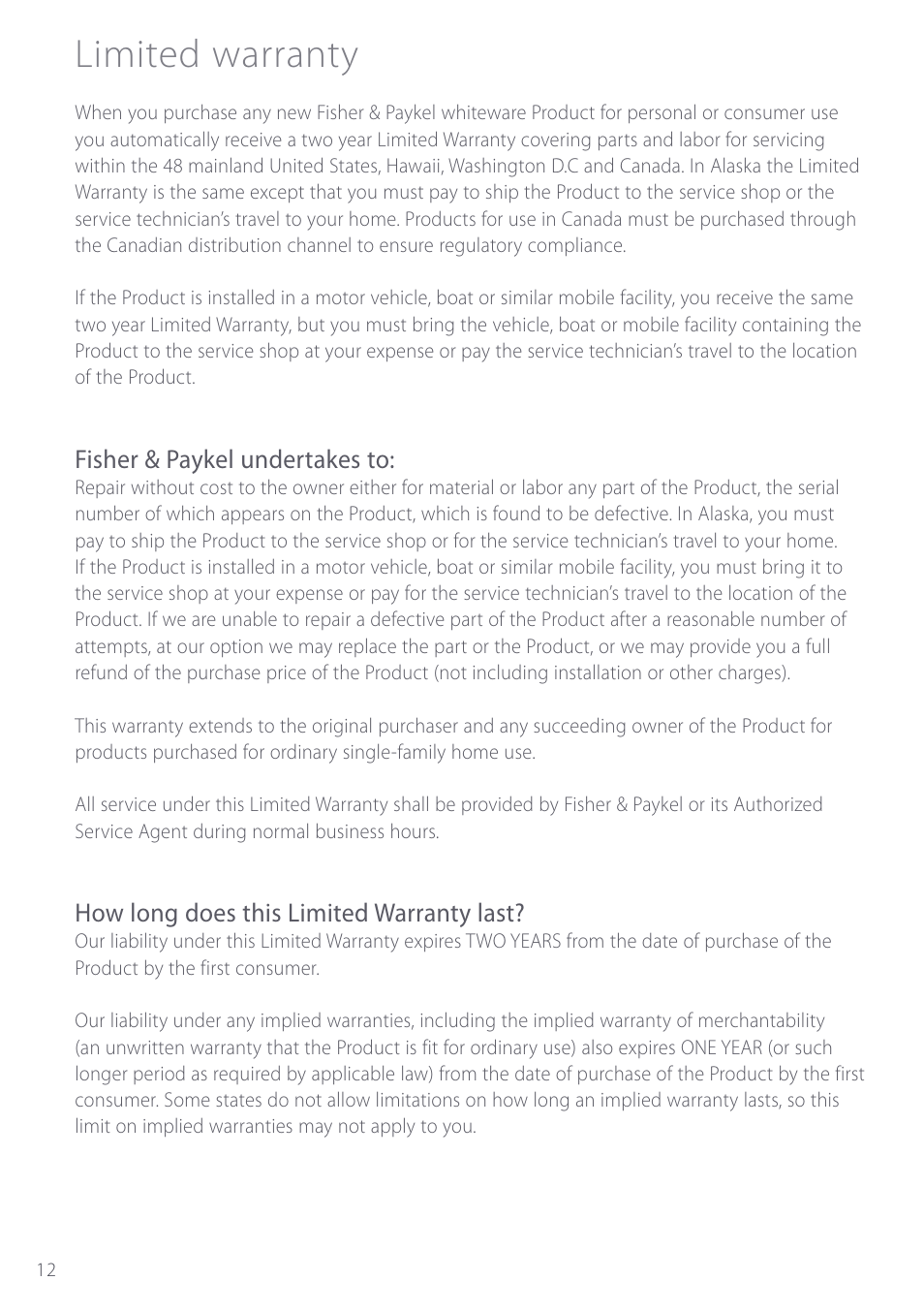Limited warranty, Fisher & paykel undertakes to, How long does this limited warranty last | Fisher & Paykel CE901 User Manual | Page 14 / 48