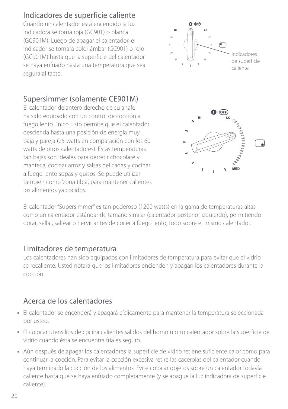 Indicadores de superficie caliente, Supersimmer (solamente ce901m), Limitadores de temperatura | Acerca de los calentadores | Fisher & Paykel CE901 User Manual | Page 22 / 48