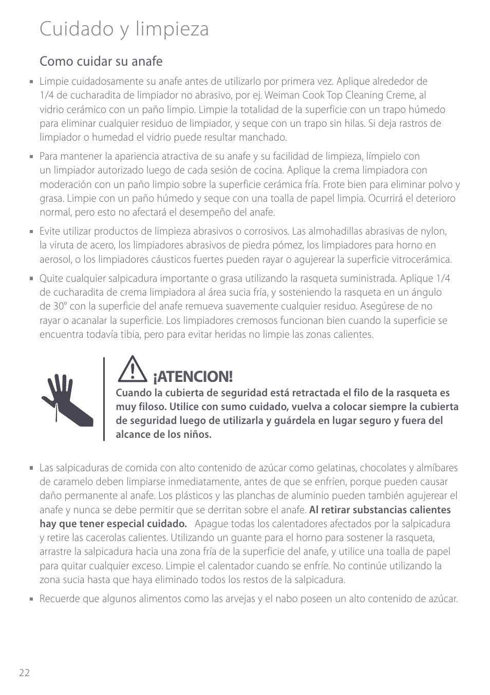 Cuidado y limpieza, Atencion, Como cuidar su anafe | Fisher & Paykel CE901 User Manual | Page 24 / 48