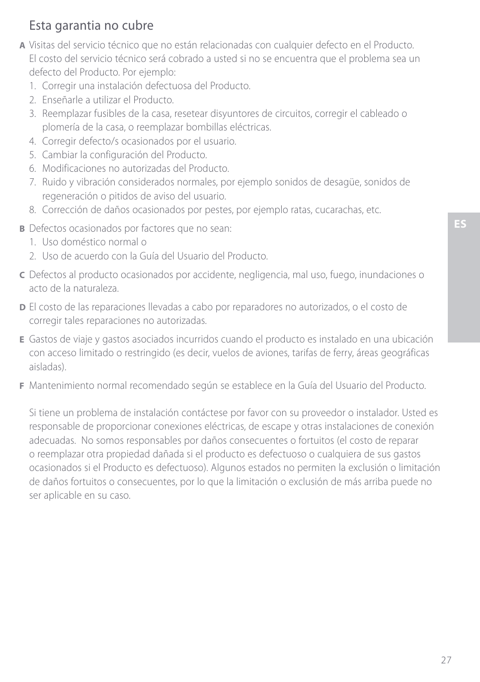 Esta garantia no cubre | Fisher & Paykel CE901 User Manual | Page 29 / 48