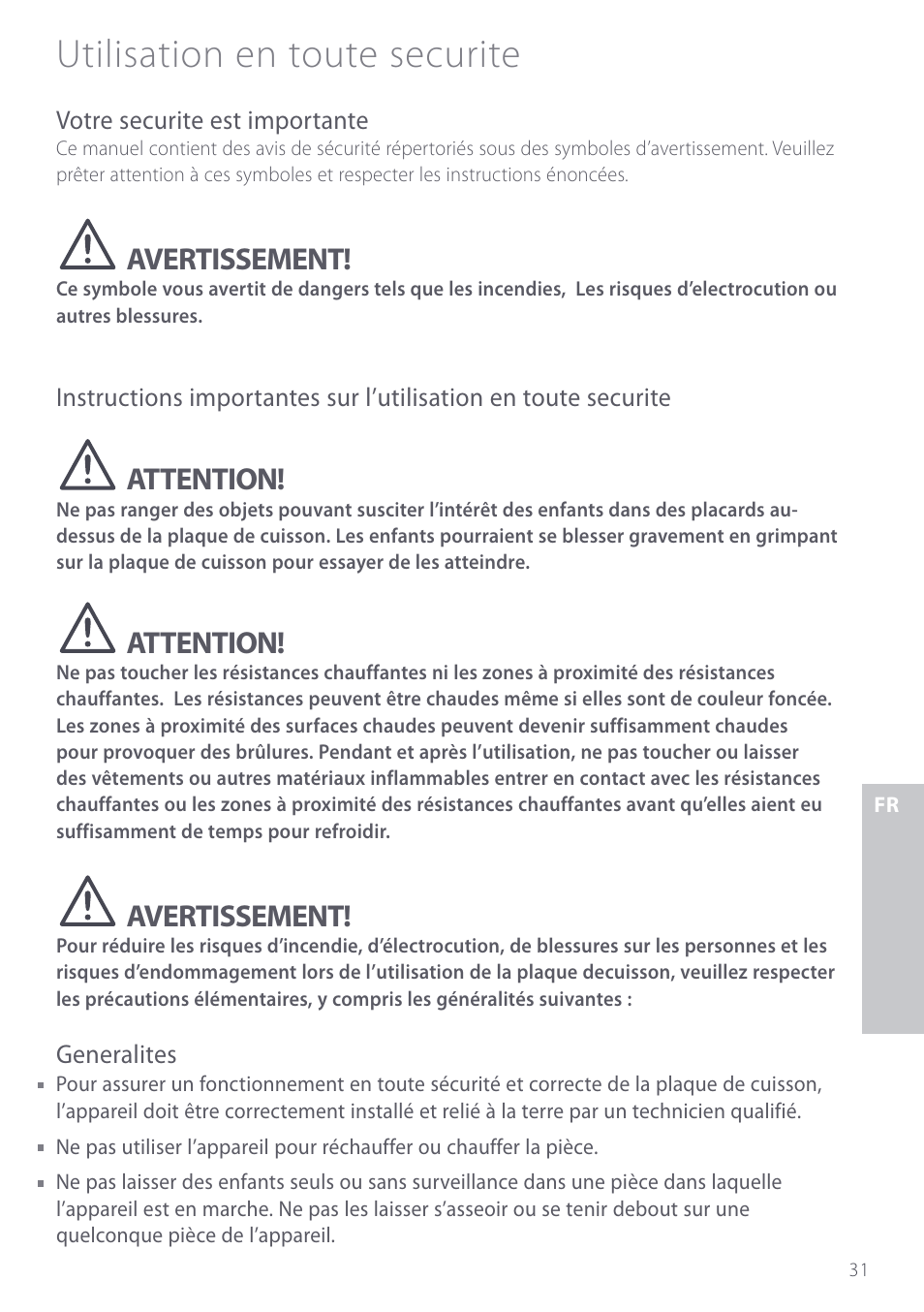 Utilisation en toute securite, Avertissement, Attention | Fisher & Paykel CE901 User Manual | Page 33 / 48