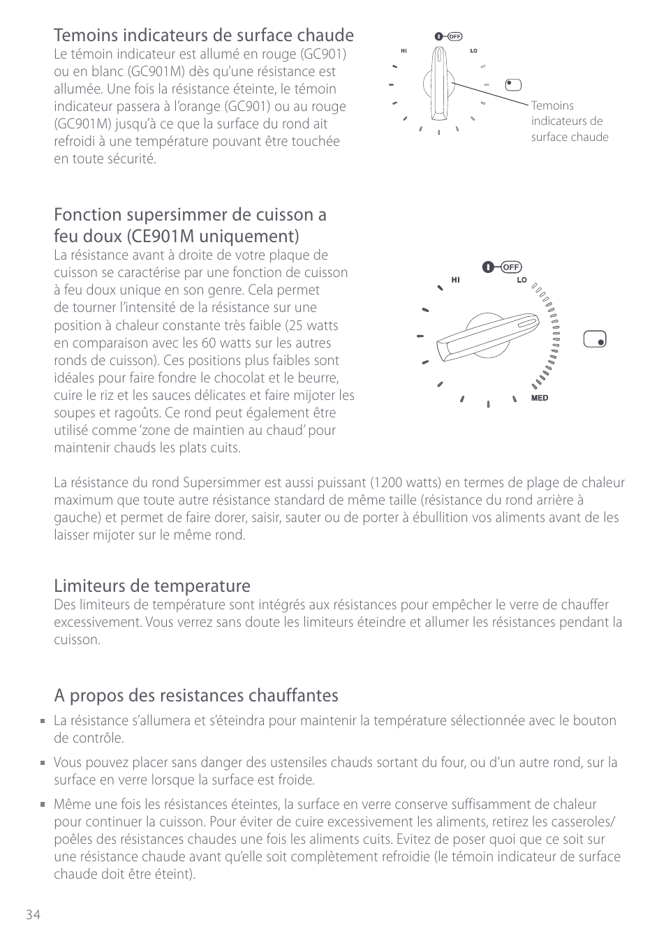 Temoins indicateurs de surface chaude, Limiteurs de temperature, A propos des resistances chauffantes | Fisher & Paykel CE901 User Manual | Page 36 / 48