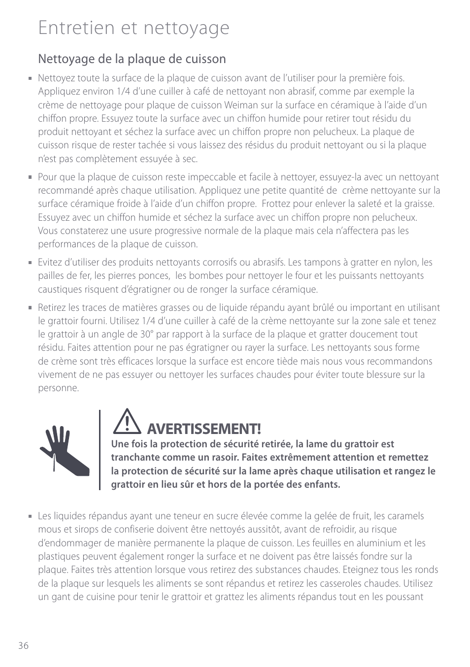 Entretien et nettoyage, Avertissement, Nettoyage de la plaque de cuisson | Fisher & Paykel CE901 User Manual | Page 38 / 48