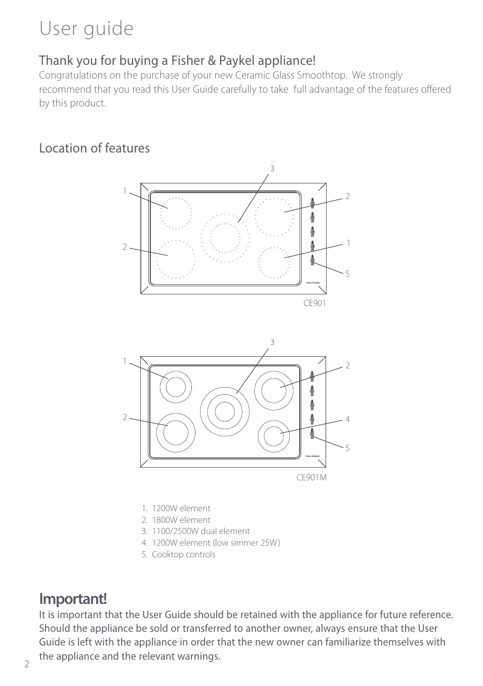 User guide, Important, Location of features | Fisher & Paykel CE901 User Manual | Page 4 / 48