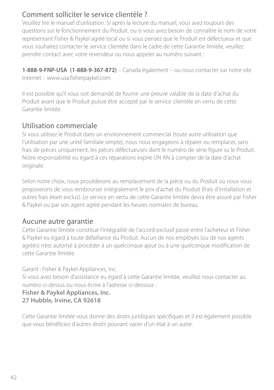 Comment solliciter le service clientèle, Utilisation commerciale, Aucune autre garantie | Fisher & Paykel CE901 User Manual | Page 44 / 48