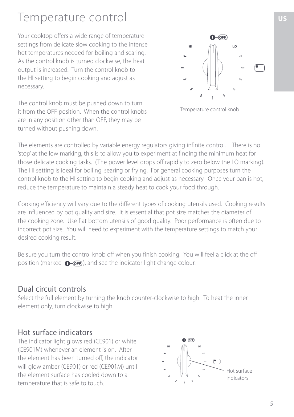 Temperature control, Dual circuit controls, Hot surface indicators | Fisher & Paykel CE901 User Manual | Page 7 / 48