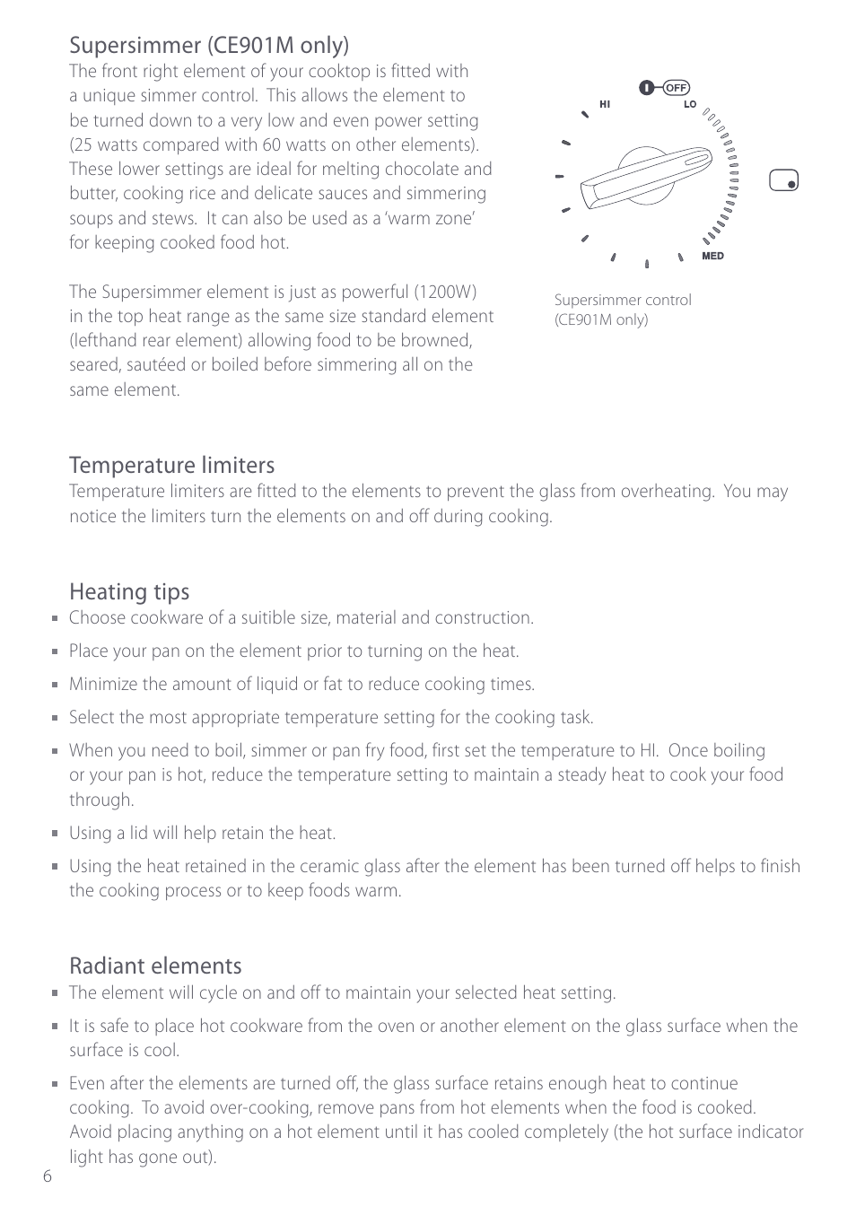 Supersimmer (ce901m only), Temperature limiters, Heating tips | Radiant elements | Fisher & Paykel CE901 User Manual | Page 8 / 48