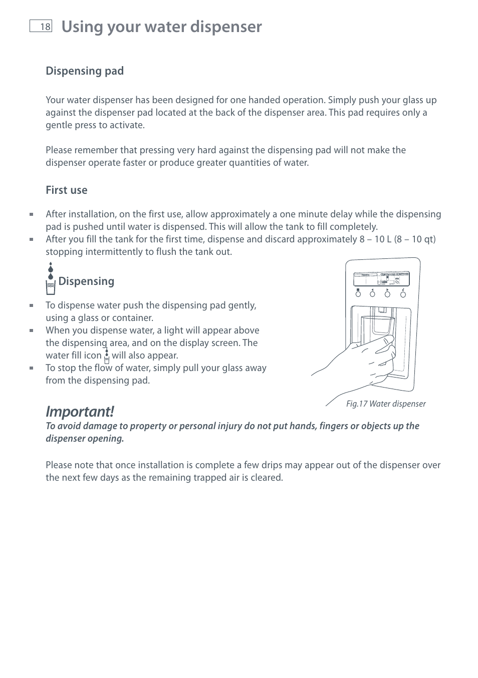 Using your water dispenser, Important | Fisher & Paykel RF610A User Manual | Page 20 / 52