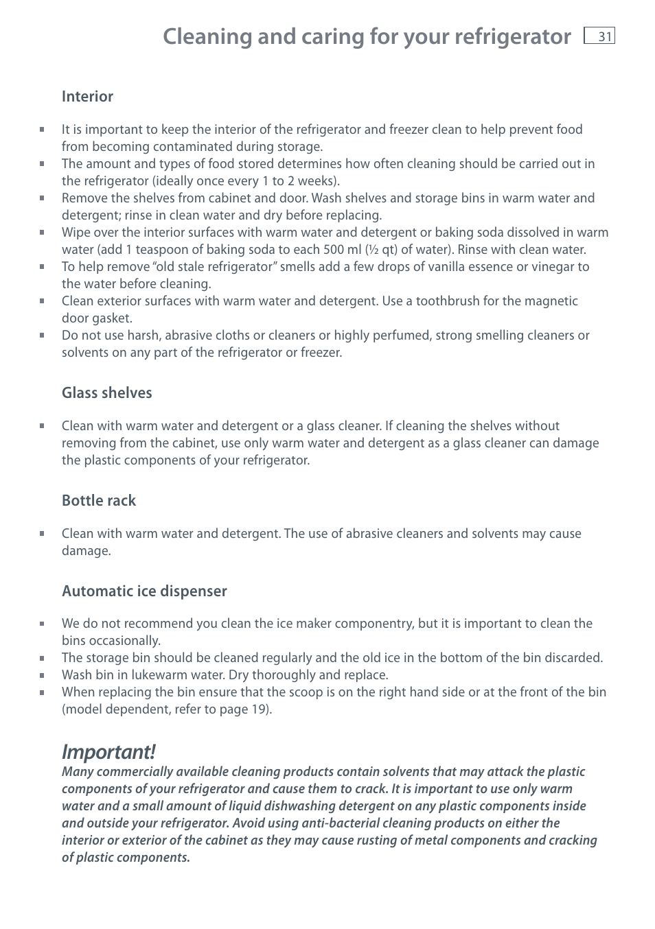 Cleaning and caring for your refrigerator, Important | Fisher & Paykel RF610A User Manual | Page 33 / 52