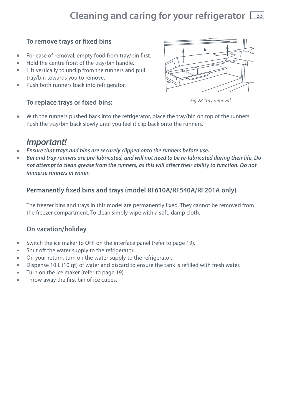 Cleaning and caring for your refrigerator, Important | Fisher & Paykel RF610A User Manual | Page 35 / 52