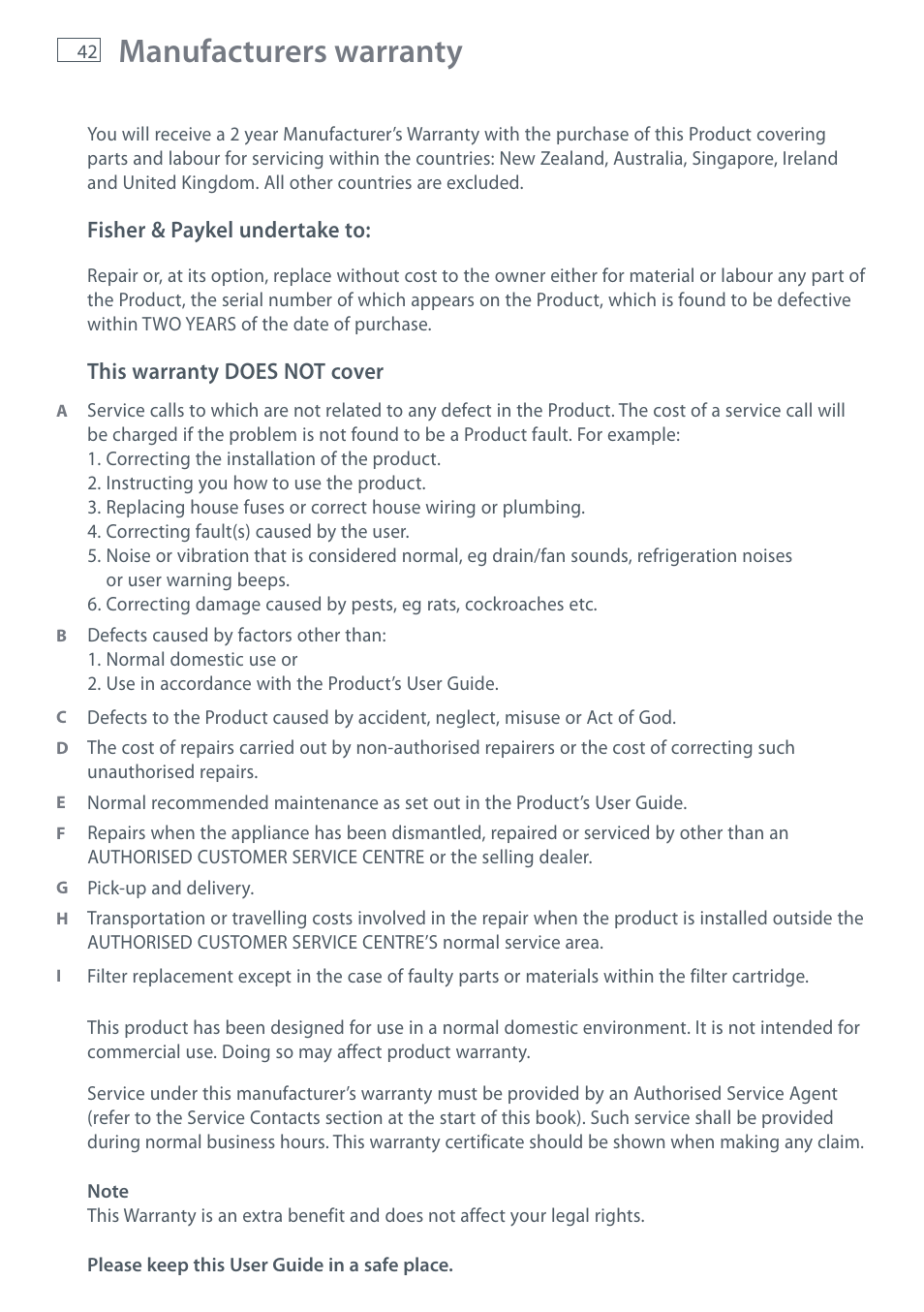 Manufacturers warranty | Fisher & Paykel RF610A User Manual | Page 44 / 52