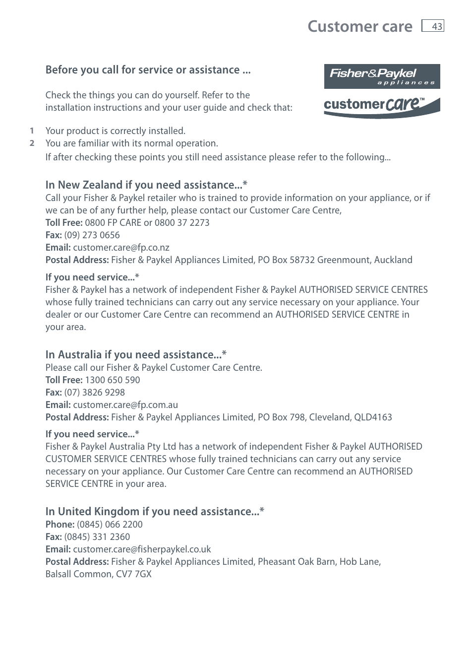 Customer care | Fisher & Paykel RF610A User Manual | Page 45 / 52