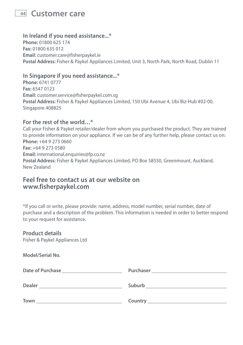 Customer care | Fisher & Paykel RF610A User Manual | Page 46 / 52