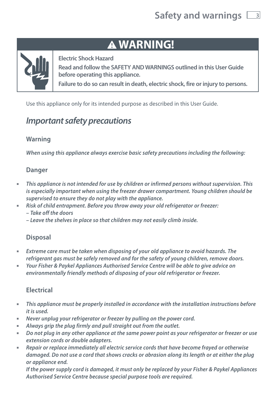 Warning, Safety and warnings, Important safety precautions | Fisher & Paykel RF610A User Manual | Page 5 / 52