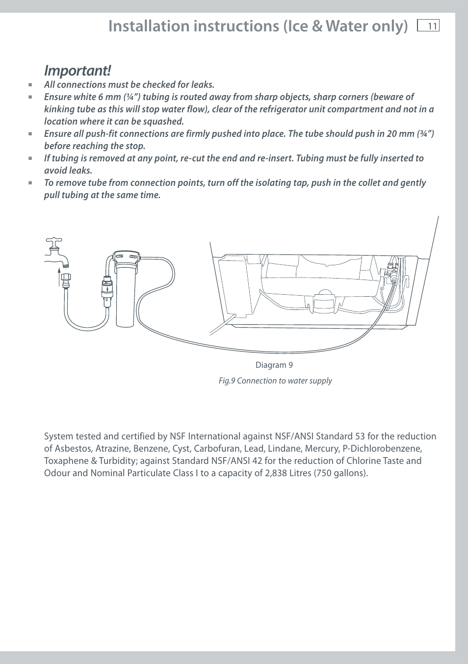 Installation instructions (ice & water only), Important, All connections must be checked for leaks | Fisher & Paykel E411T User Manual | Page 13 / 52