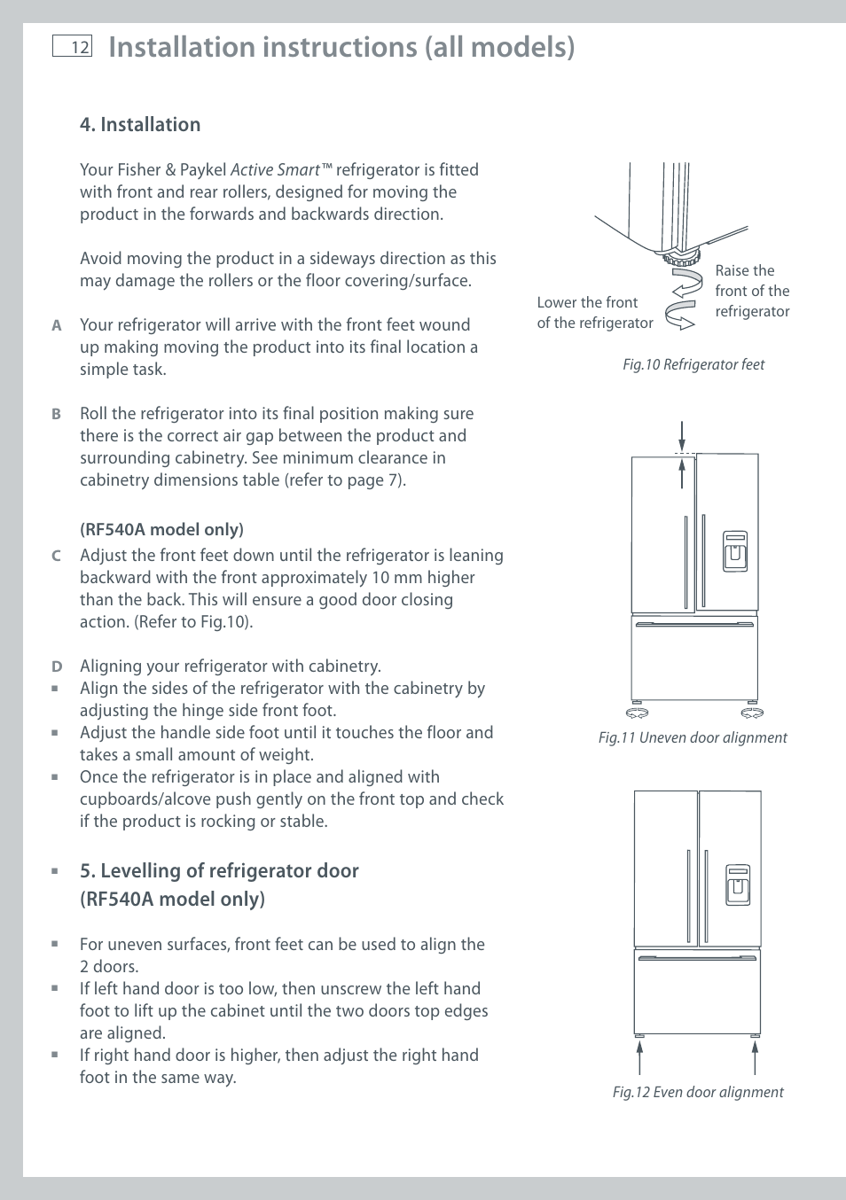 Installation instructions (all models), Installation, Levelling of refrigerator door (rf540a model only) | Aligning your refrigerator with cabinetry | Fisher & Paykel E411T User Manual | Page 14 / 52