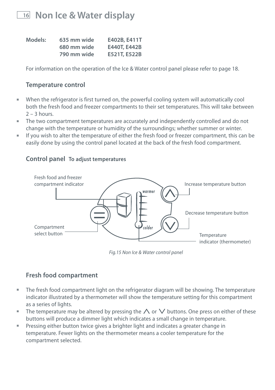 Non ice & water display, Temperature control, Control panel | Fresh food compartment | Fisher & Paykel E411T User Manual | Page 18 / 52