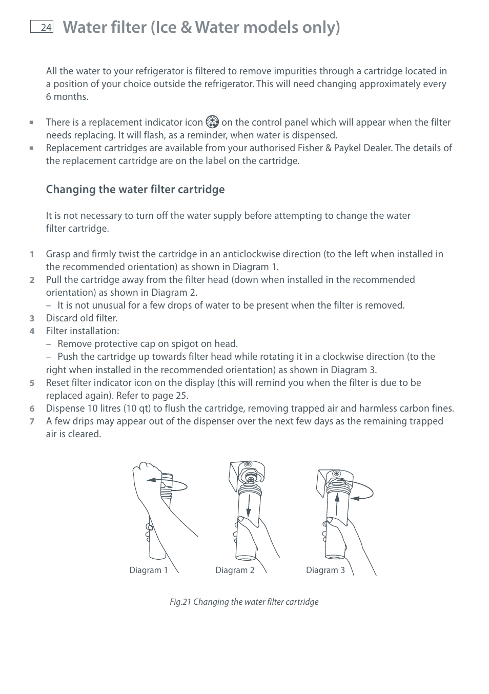 Water filter (ice & water models only), Changing the water filter cartridge | Fisher & Paykel E411T User Manual | Page 26 / 52