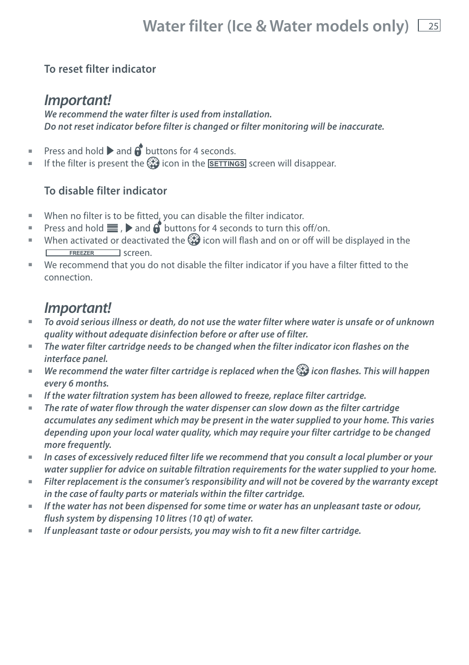 Water filter (ice & water models only), Important, Press and hold and buttons for 4 seconds | Fisher & Paykel E411T User Manual | Page 27 / 52