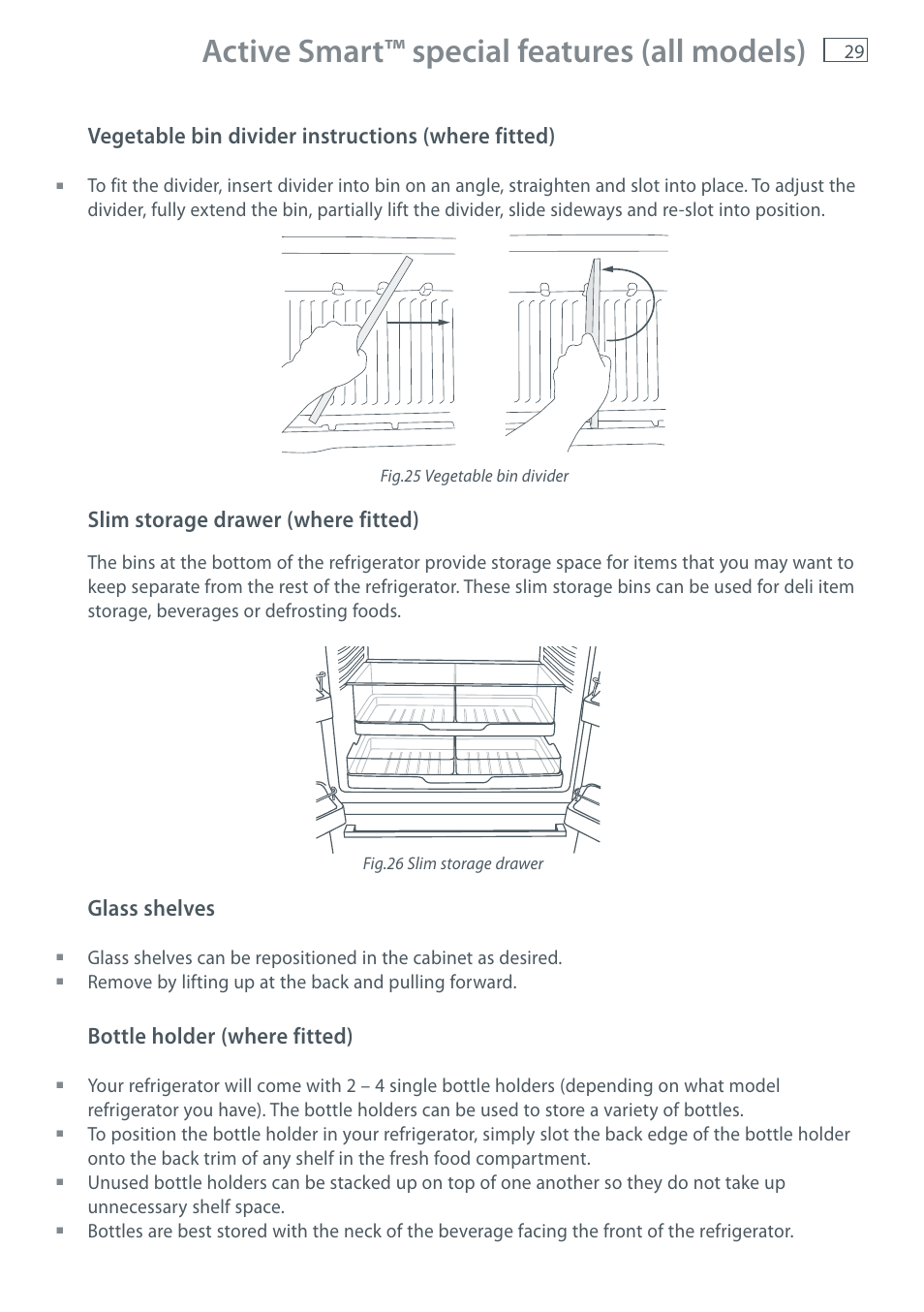 Active smart™ special features (all models), Vegetable bin divider instructions (where fitted), Slim storage drawer (where fitted) | Glass shelves, Bottle holder (where fitted) | Fisher & Paykel E411T User Manual | Page 31 / 52