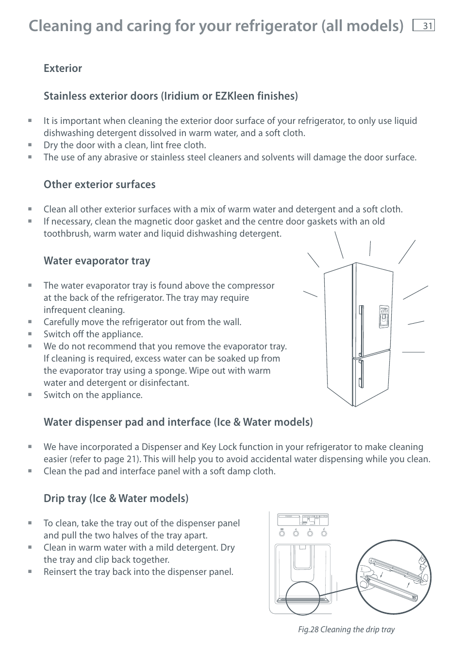 Other exterior surfaces, Water evaporator tray, Drip tray (ice & water models) | Dry the door with a clean, lint free cloth, Carefully move the refrigerator out from the wall, Switch off the appliance, Switch on the appliance, Reinsert the tray back into the dispenser panel, Fig.28 cleaning the drip tray | Fisher & Paykel E411T User Manual | Page 33 / 52