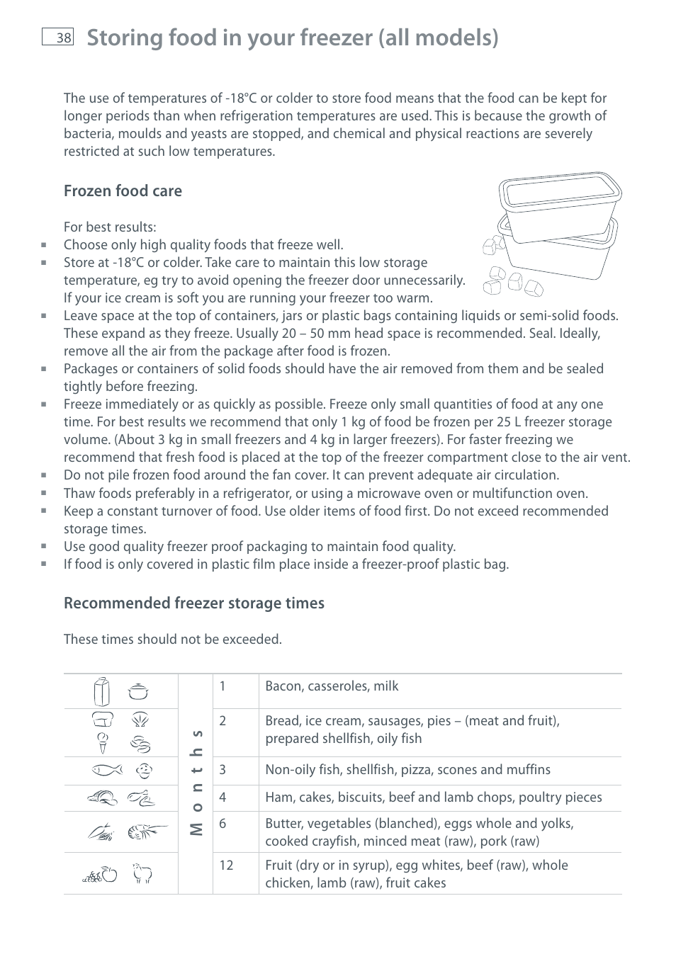Storing food in your freezer (all models), Mon ths, Frozen food care | Recommended freezer storage times, For best results, Choose only high quality foods that freeze well, These times should not be exceeded | Fisher & Paykel E411T User Manual | Page 40 / 52