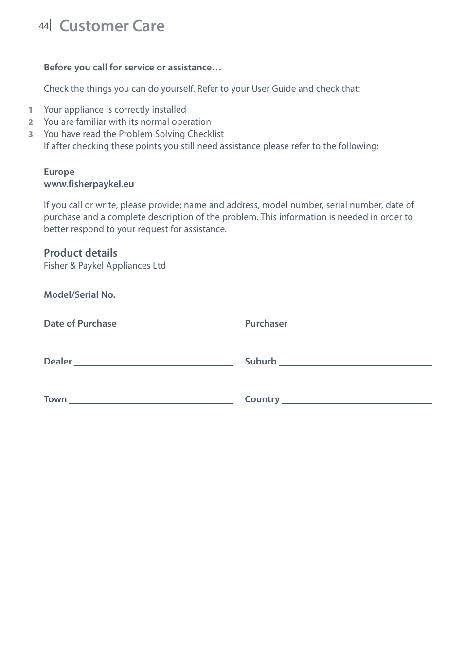 Customer care | Fisher & Paykel E411T User Manual | Page 46 / 52