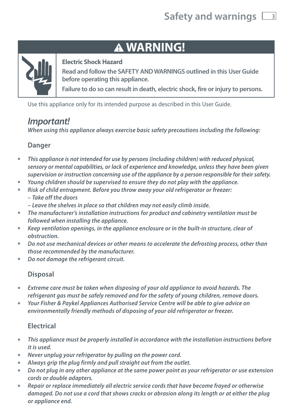 Warning, Safety and warnings, Important | Danger, Disposal, Electrical, Do not damage the refrigerant circuit | Fisher & Paykel E411T User Manual | Page 5 / 52