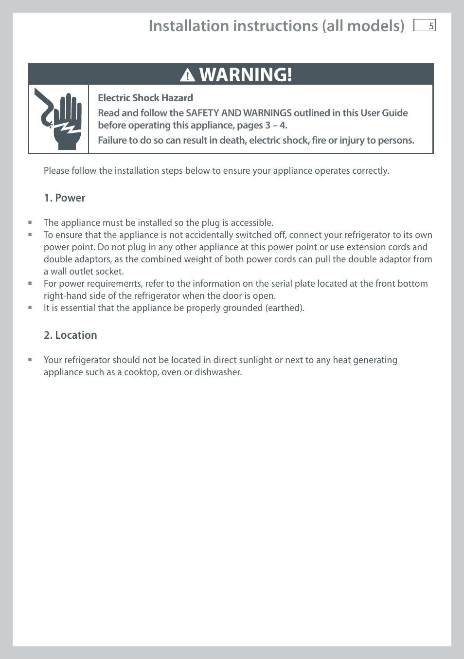 Warning, Installation instructions (all models), Power | Location | Fisher & Paykel E411T User Manual | Page 7 / 52