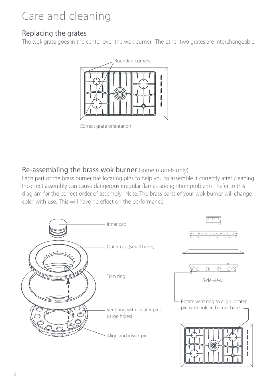Care and cleaning, Replacing the grates, Re-assembling the brass wok burner | Fisher & Paykel GC912 User Manual | Page 14 / 52