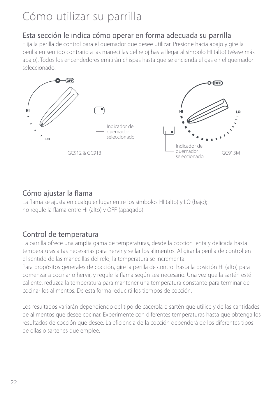 Cómo utilizar su parrilla, Cómo ajustar la flama, Control de temperatura | Fisher & Paykel GC912 User Manual | Page 24 / 52