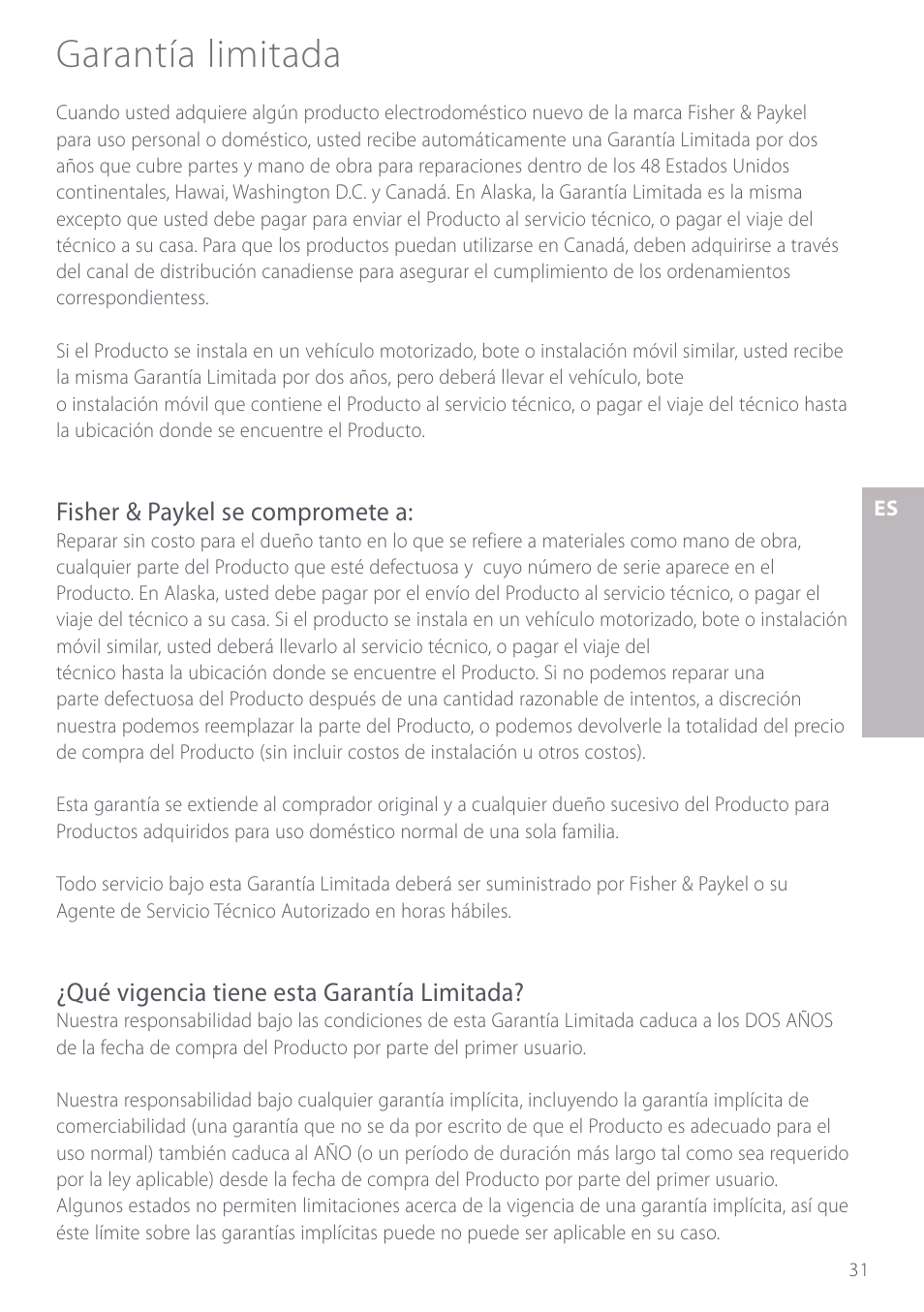 Garantía limitada | Fisher & Paykel GC912 User Manual | Page 33 / 52