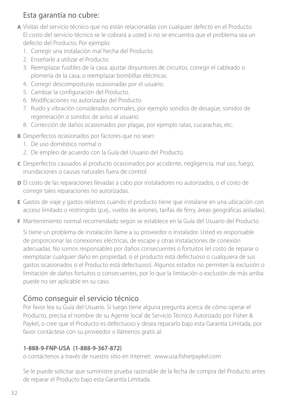 Esta garantía no cubre, Cómo conseguir el servicio técnico | Fisher & Paykel GC912 User Manual | Page 34 / 52