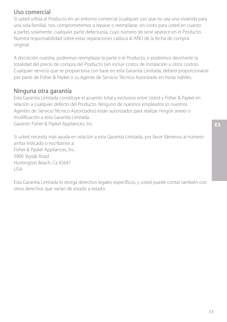 Uso comercial, Ninguna otra garantía | Fisher & Paykel GC912 User Manual | Page 35 / 52