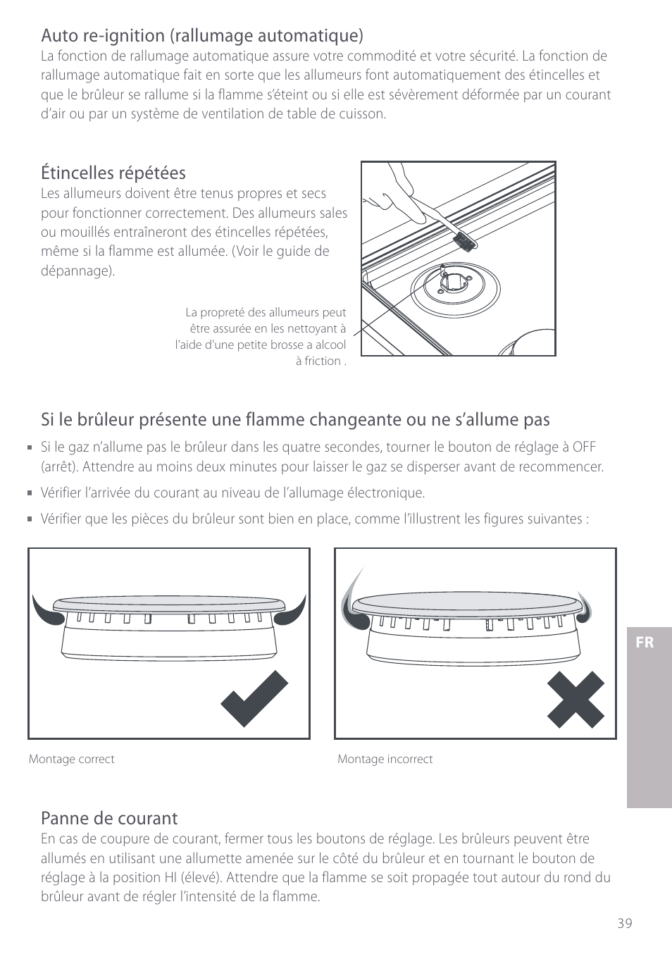 Auto re-ignition (rallumage automatique), Étincelles répétées, Panne de courant | Fisher & Paykel GC912 User Manual | Page 41 / 52