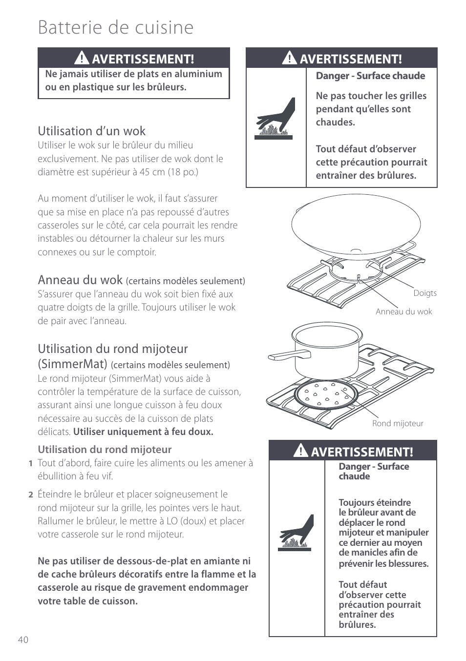 Batterie de cuisine, Utilisation d’un wok, Anneau du wok | Utilisation du rond mijoteur (simmermat), Avertissement | Fisher & Paykel GC912 User Manual | Page 42 / 52
