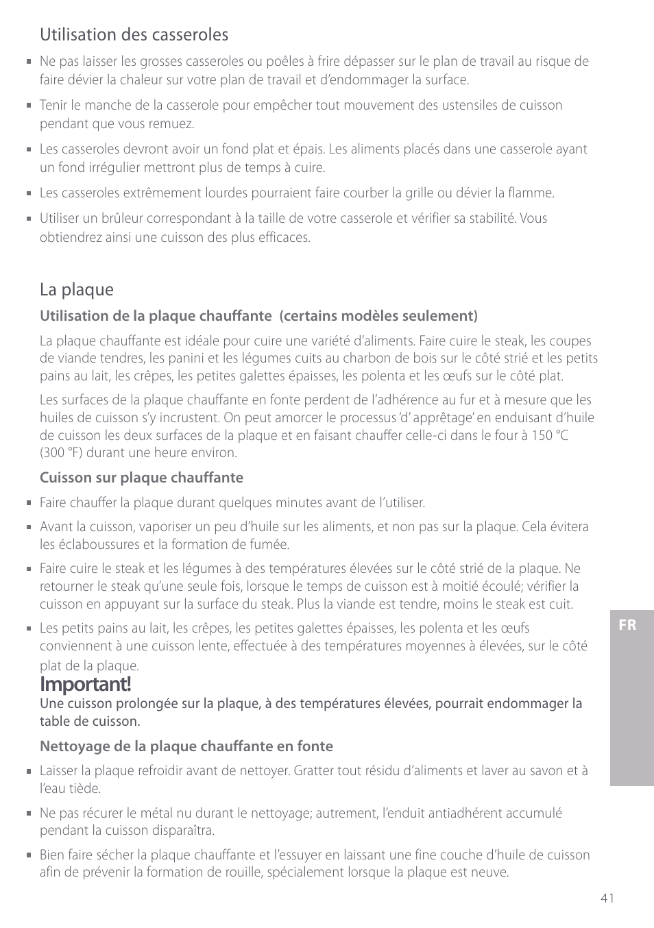 Important, Utilisation des casseroles, La plaque | Fisher & Paykel GC912 User Manual | Page 43 / 52