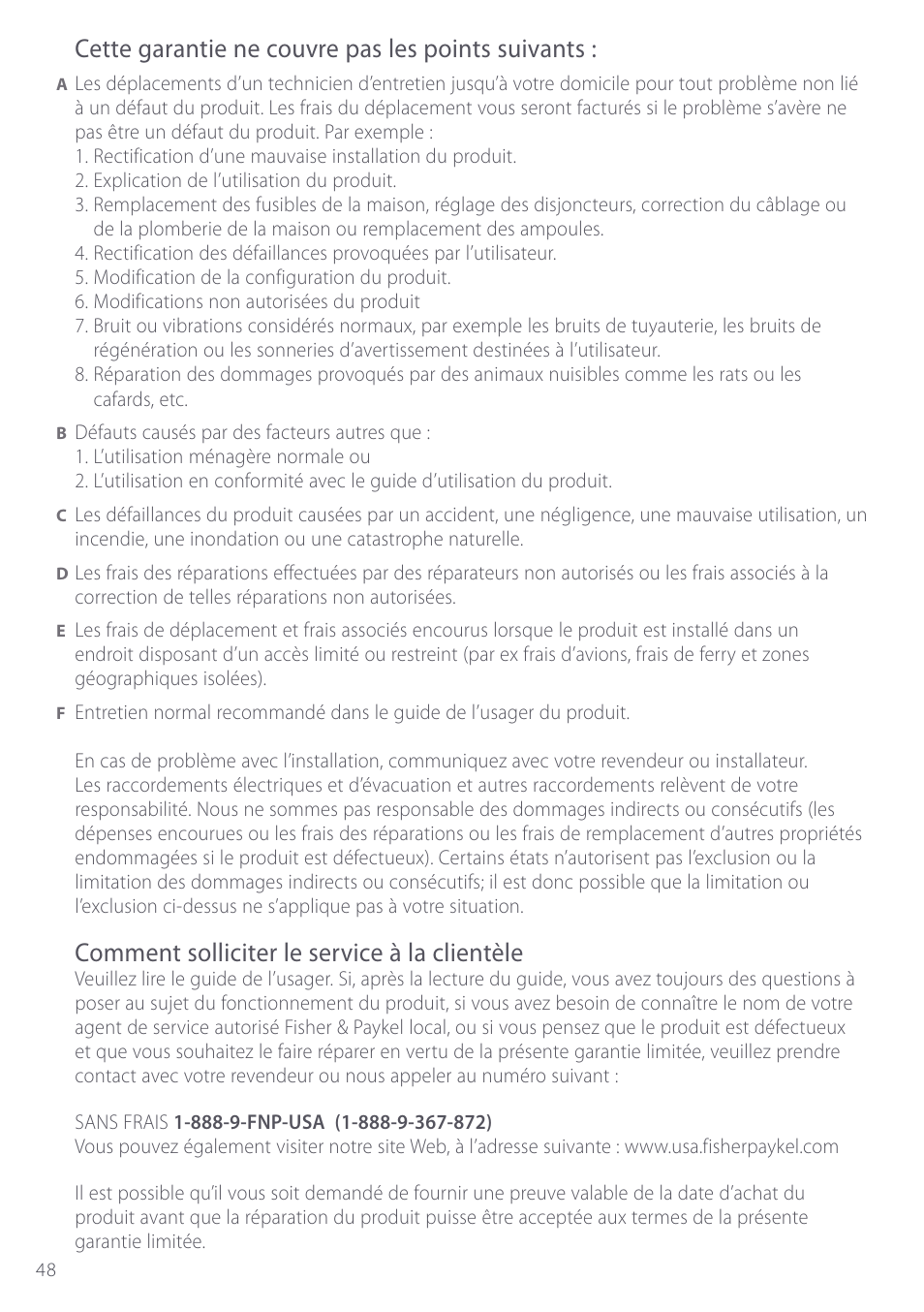 Cette garantie ne couvre pas les points suivants, Comment solliciter le service à la clientèle | Fisher & Paykel GC912 User Manual | Page 50 / 52