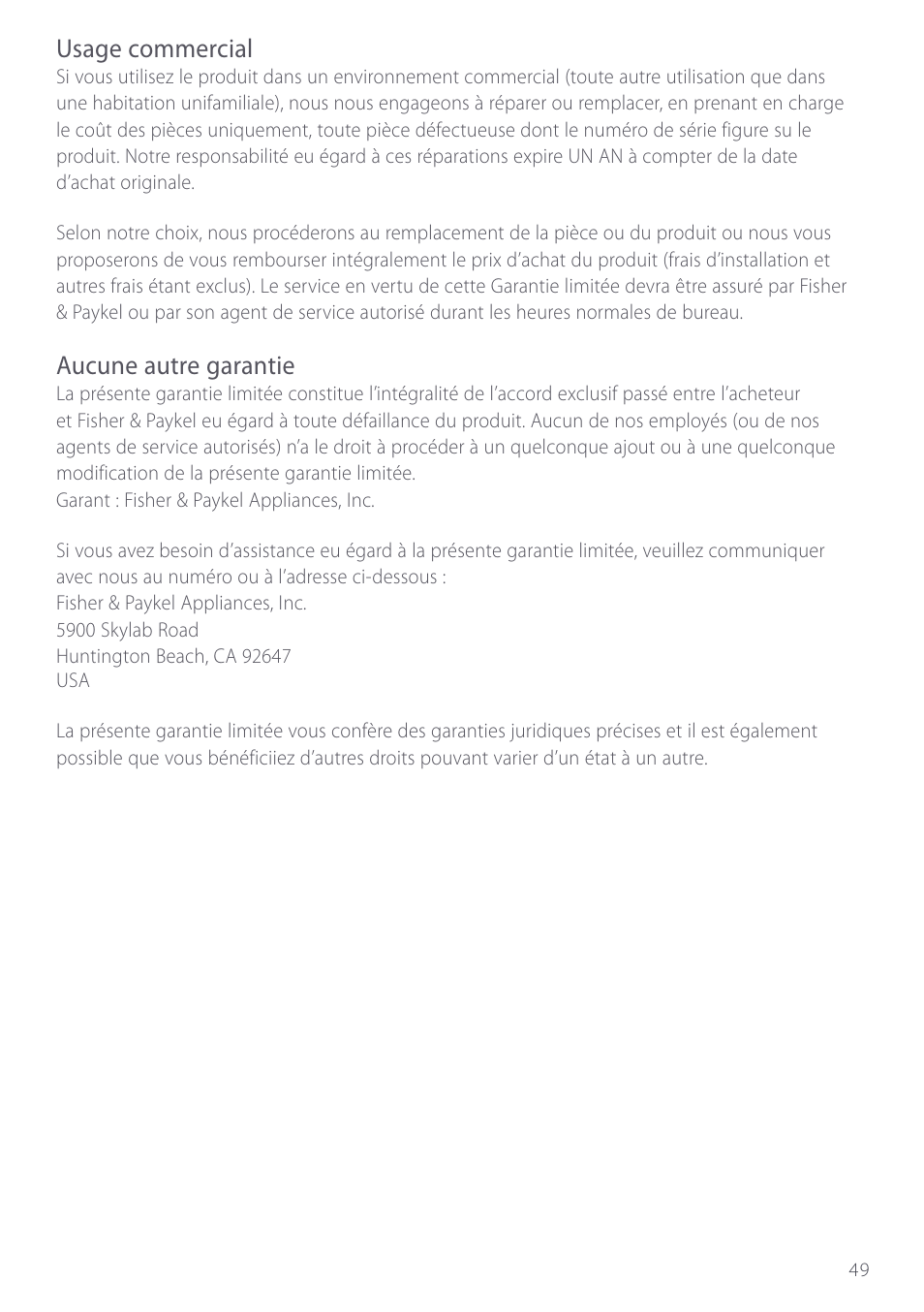 Usage commercial, Aucune autre garantie | Fisher & Paykel GC912 User Manual | Page 51 / 52