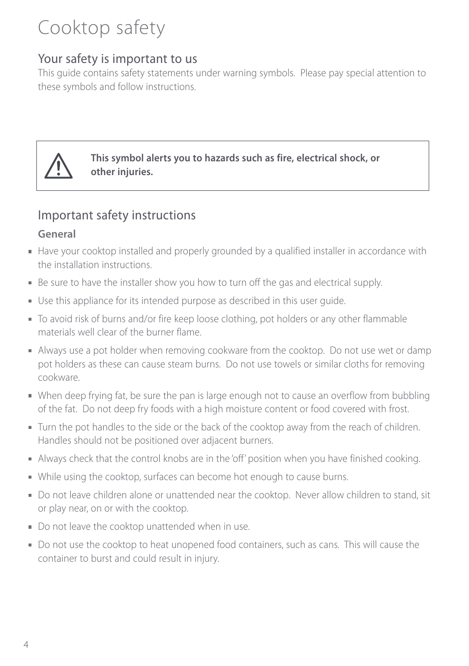 Cooktop safety, Your safety is important to us, Important safety instructions | Fisher & Paykel GC912 User Manual | Page 6 / 52