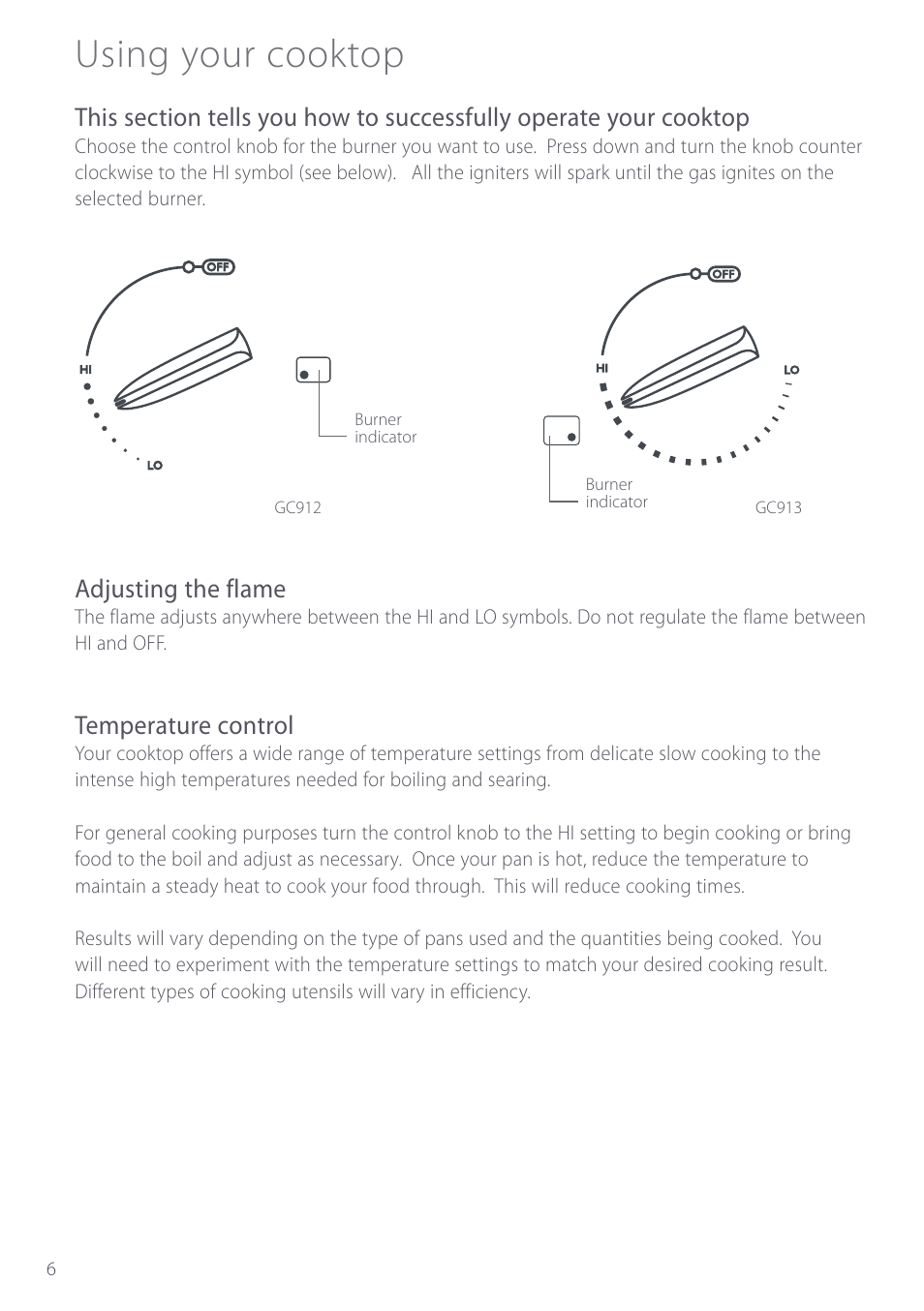 Using your cooktop, Adjusting the flame, Temperature control | Fisher & Paykel GC912 User Manual | Page 8 / 52