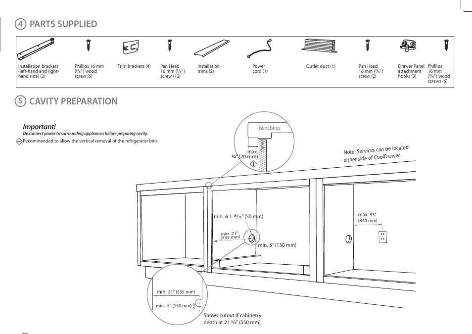 Safety and warnings, Product dimensions parts supplied, Cavity preparation | Installation instructions, Panel preparation, Cabinetry dimensions, Important, Important safety precautions, Izona cooldrawer | Fisher & Paykel IZONA RB365 User Manual | Page 3 / 8