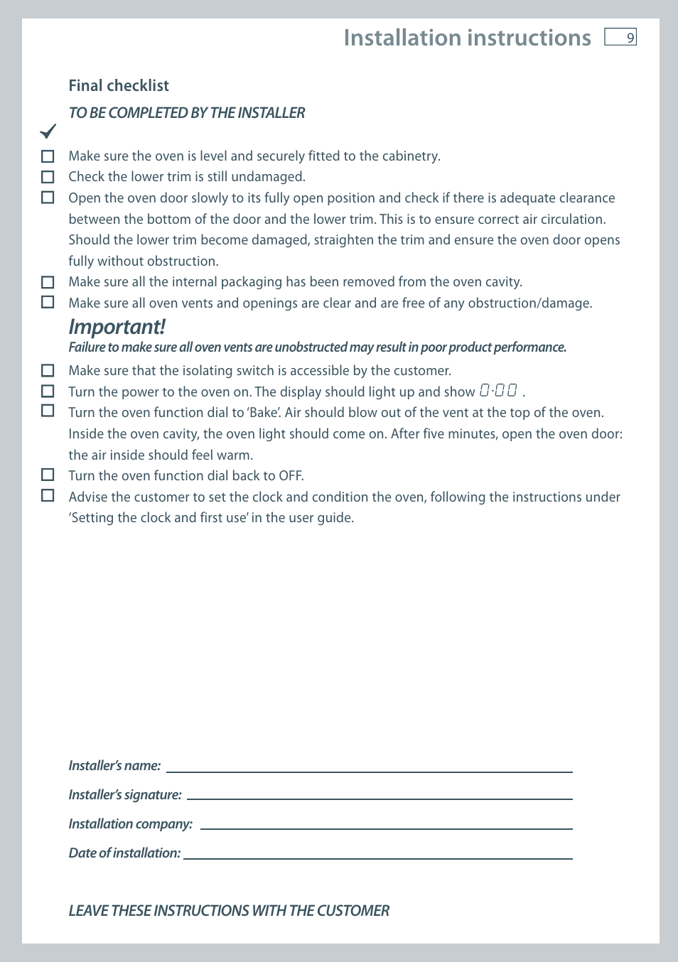 Installation instructions, Important | Fisher & Paykel OB60S9DE User Manual | Page 11 / 44